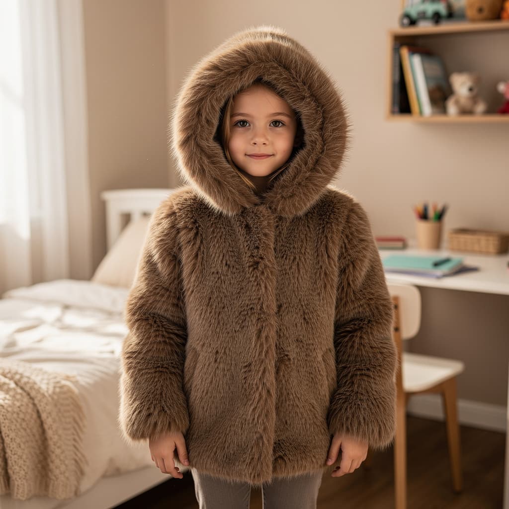AI generated: 12 year  old  girl wearing ultra thick real hooded  fur jacket  standing  in her room   