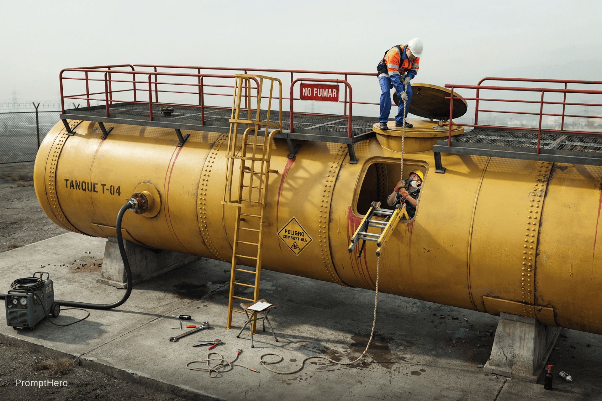 AI generated: tanque horizontal de almacenamiento de combustible, en la parte de arriba lado derecho habrá un manh...