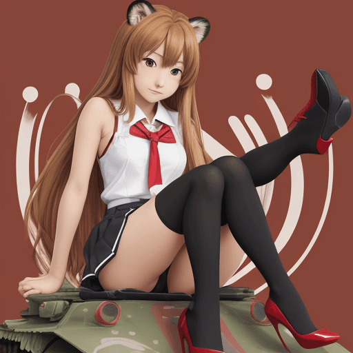 AI generated: masterpiece, taiga aisaka, smug, cute face, anime, anime face, sit on tank, hold, hug, red school un...