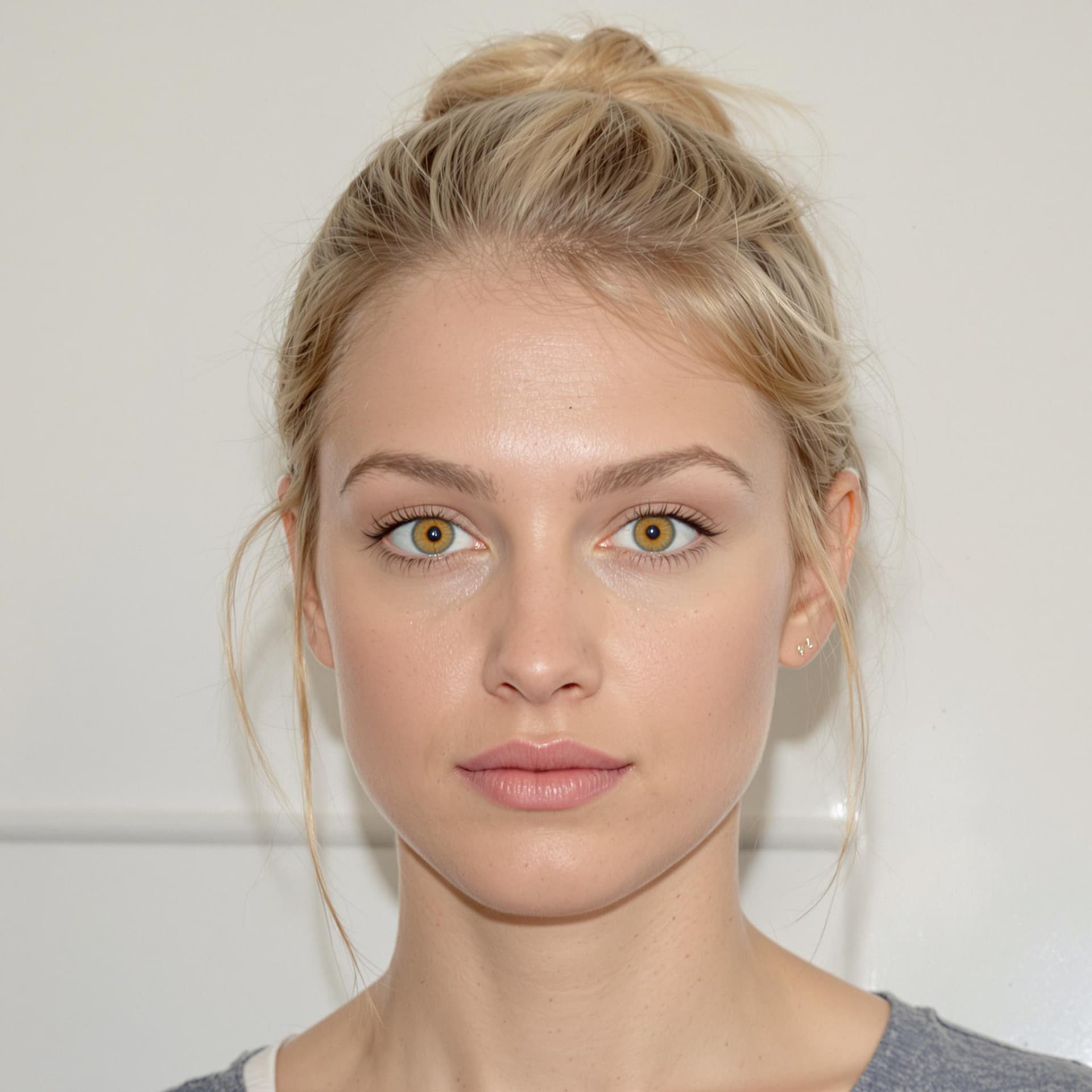 AI generated: A Real photograph of a blond women in her 20s, her hair is short with a small bun. She has yellow ey...