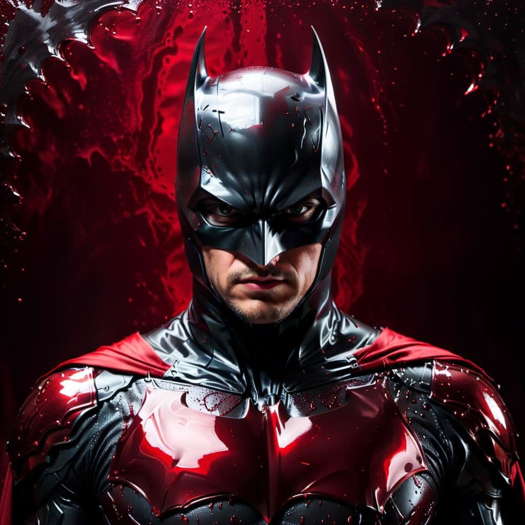 AI generated: sharp focus action photo of dark red batman, ferrofluid costume, piercing eyes, reflections, gothic ...