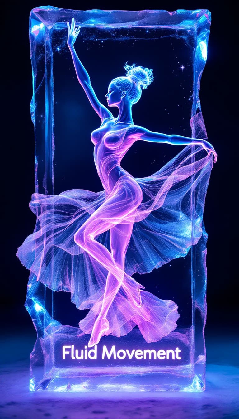 AI generated: Design a card featuring an ice sculpture of a Modern Dancer, her transparent figure shimmering dynam...