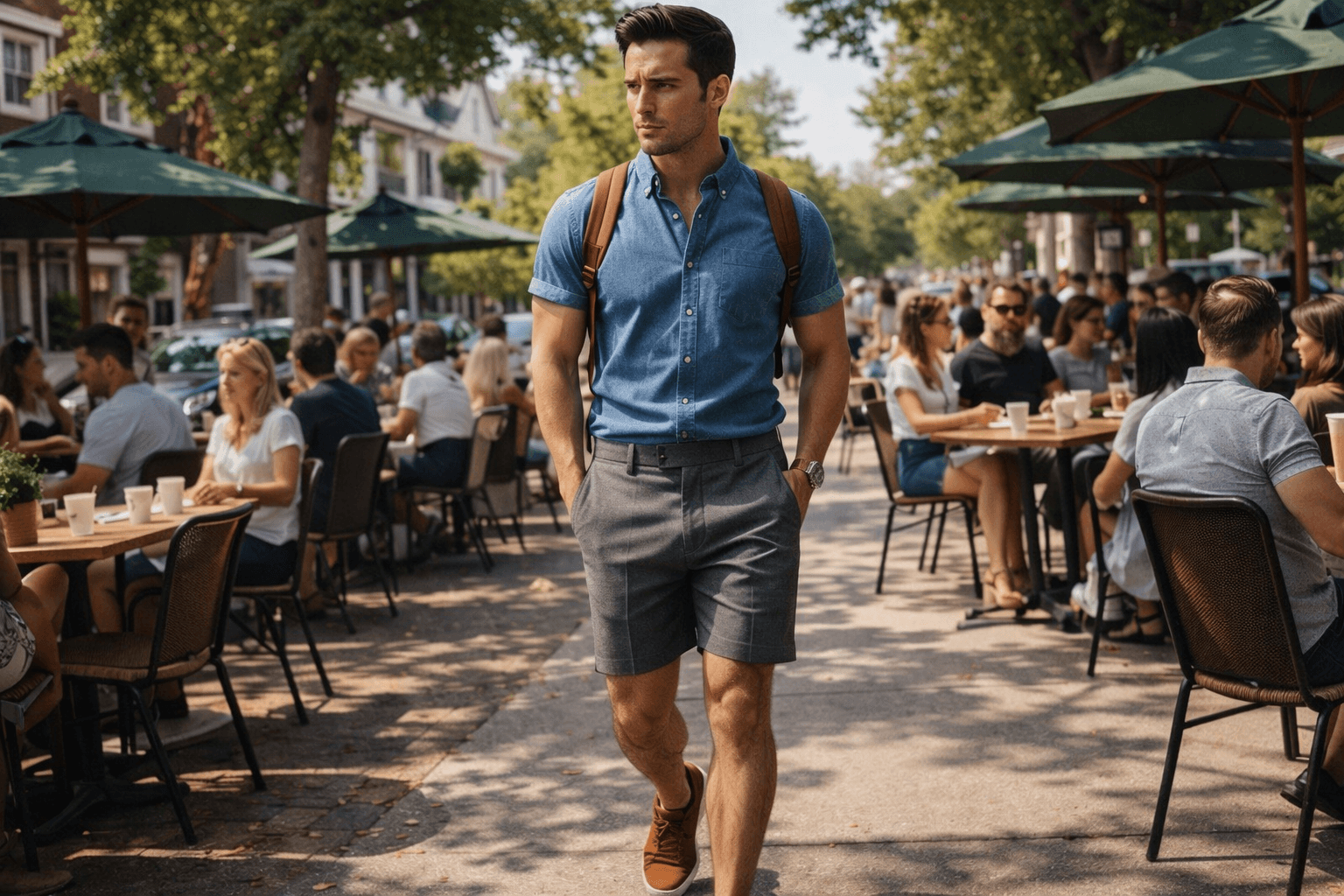 AI generated: In a sunny morning at a nice neighborhood. The model walking among a lot of people at a coffee shop ...