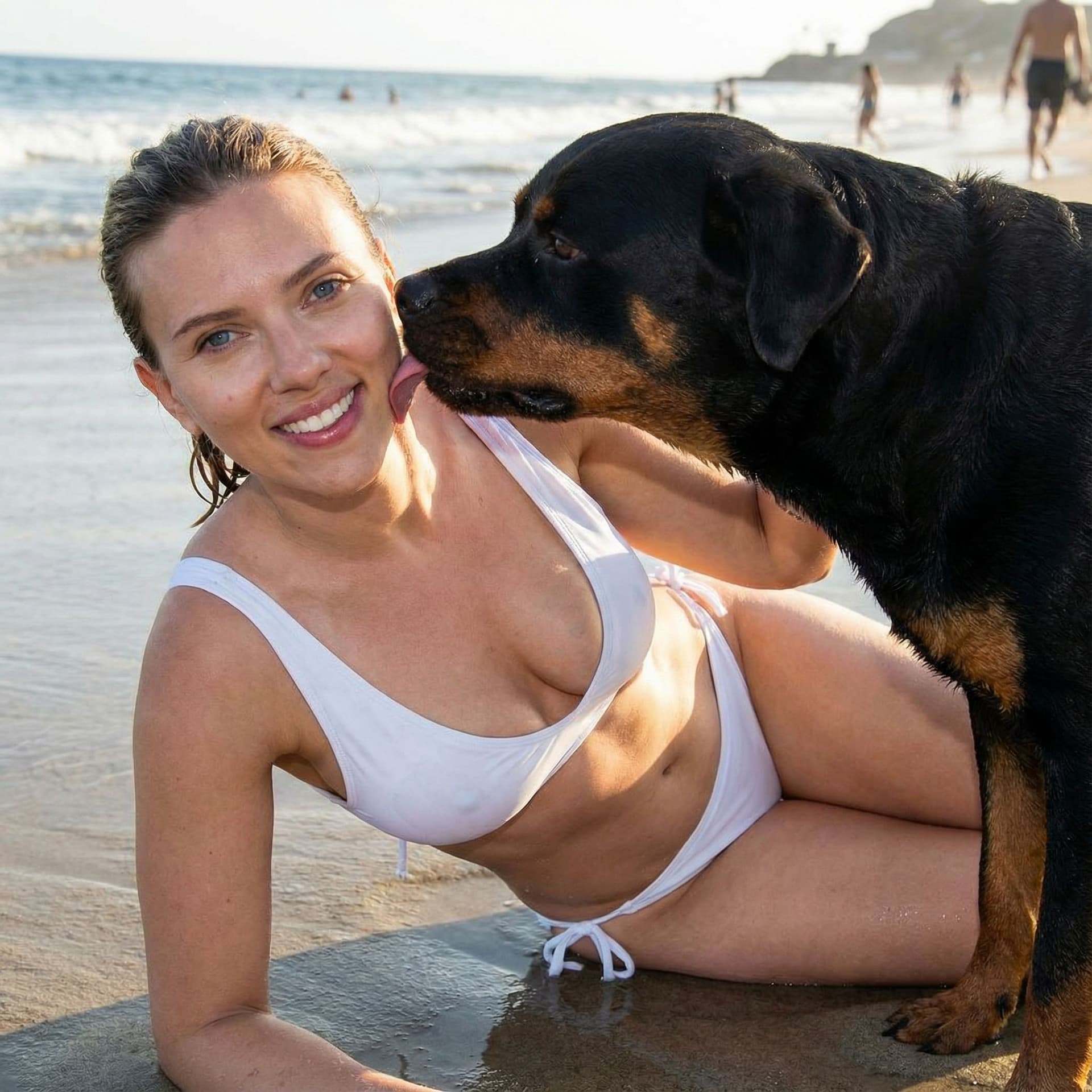 AI generated: Scarlett Johansson with white wet mini bikini at the beach, lying on side at the beach with her rott...