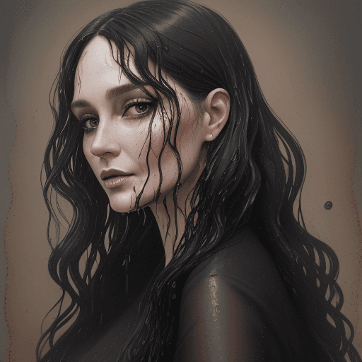 AI generated: a beautiful 40 year old woman in black with long hair, in the style of textural layers, reefwave, li...