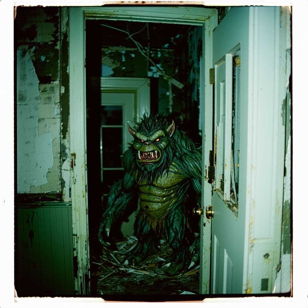 AI generated: grainy 80's photograph quality polaroid of a bogtroll caught in an abandoned house, dark