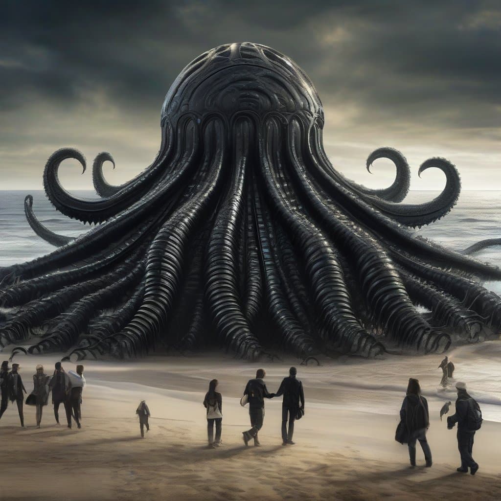 AI generated: realistic high quality photo of huge alien ferrofluid sea monster, tentacles, at the beach, people f...