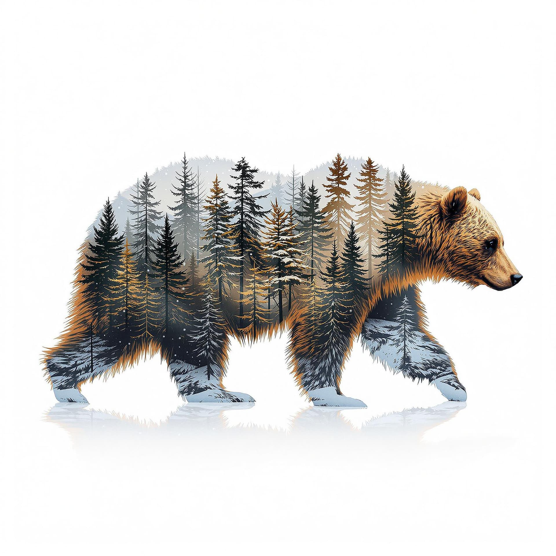 AI generated: The image displays a captivating blend of natural elements where the silhouette of a bear is seamles...