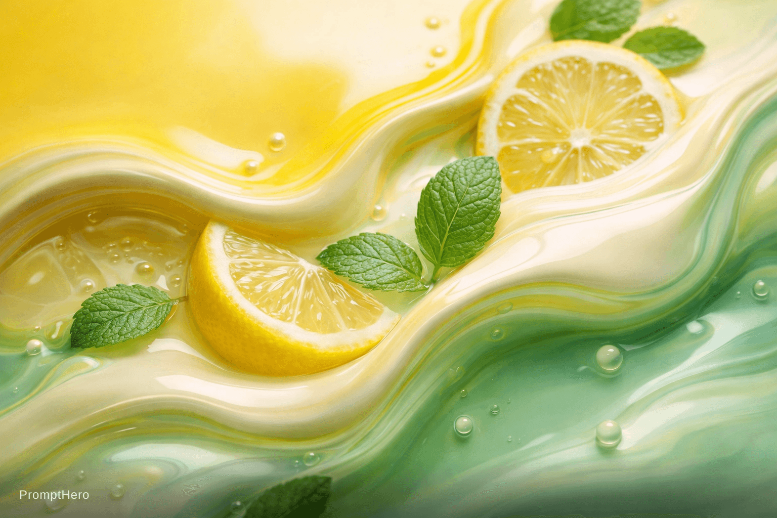 AI generated: A high-end abstract fluid composition featuring a harmonious blend of fresh lemon and mint elements....