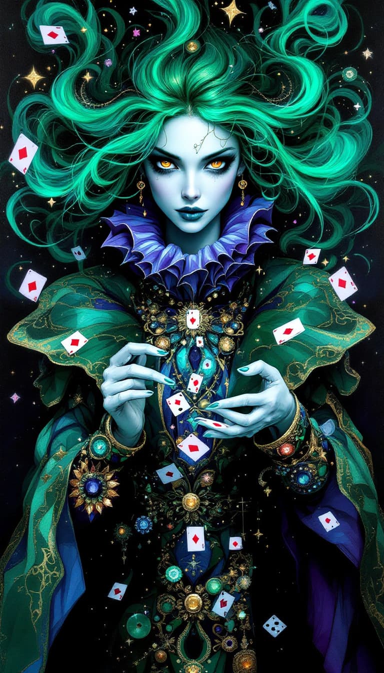 AI generated: "Emerald Illusionist in a Shifting Theater": A mesmerizing abstract painting showcases an illusionis...