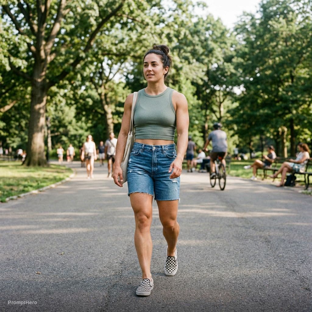 AI generated: photo of a woman in a park, wearing a crop top and jean shorts and vans slip-ons. ludicrously full b...