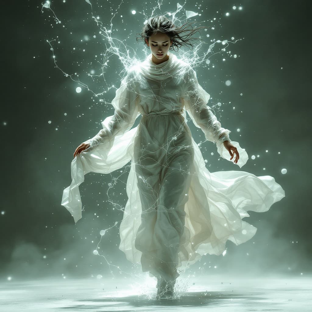 AI generated: A solitary quantum walker, her form seeming to be both solid and ethereal, and her clothes shifting ...