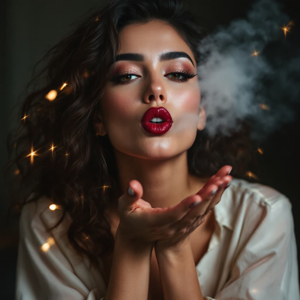 AI generated: a women blowing a kiss,  thick eyebrows, dark lipstick, open blouse, hipster astatic, dramatic light...