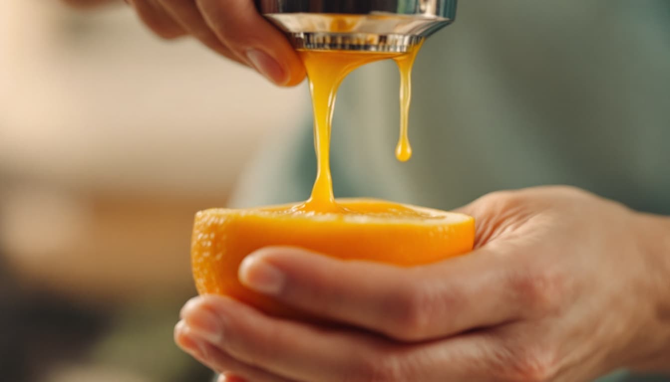 AI generated: A scene of squeezing an orange by hand. Close-up of the juice dripping --ar 16:9