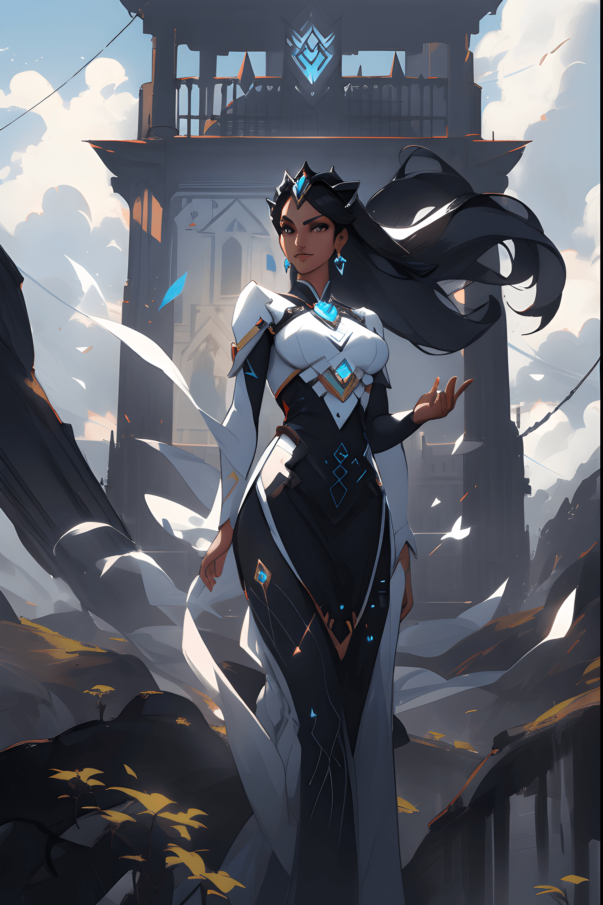AI generated: a woman in a black and white dress standing in front of a tower, by Ryan Yee, fantasy art, symmetra ...