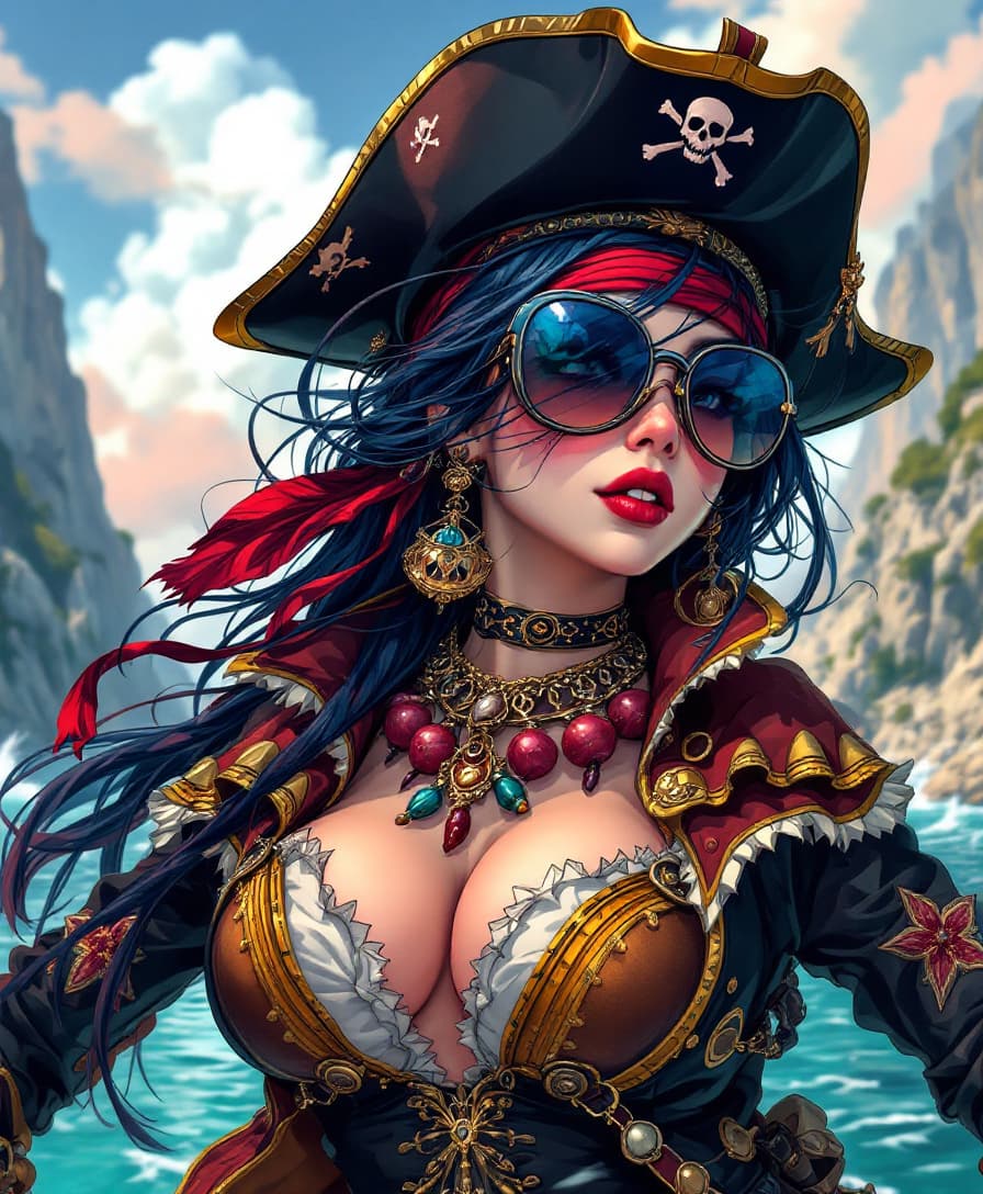 AI generated: a girl wearing pirate and sunglasses, in the style of otherworldly illustrations, realistic color sc...