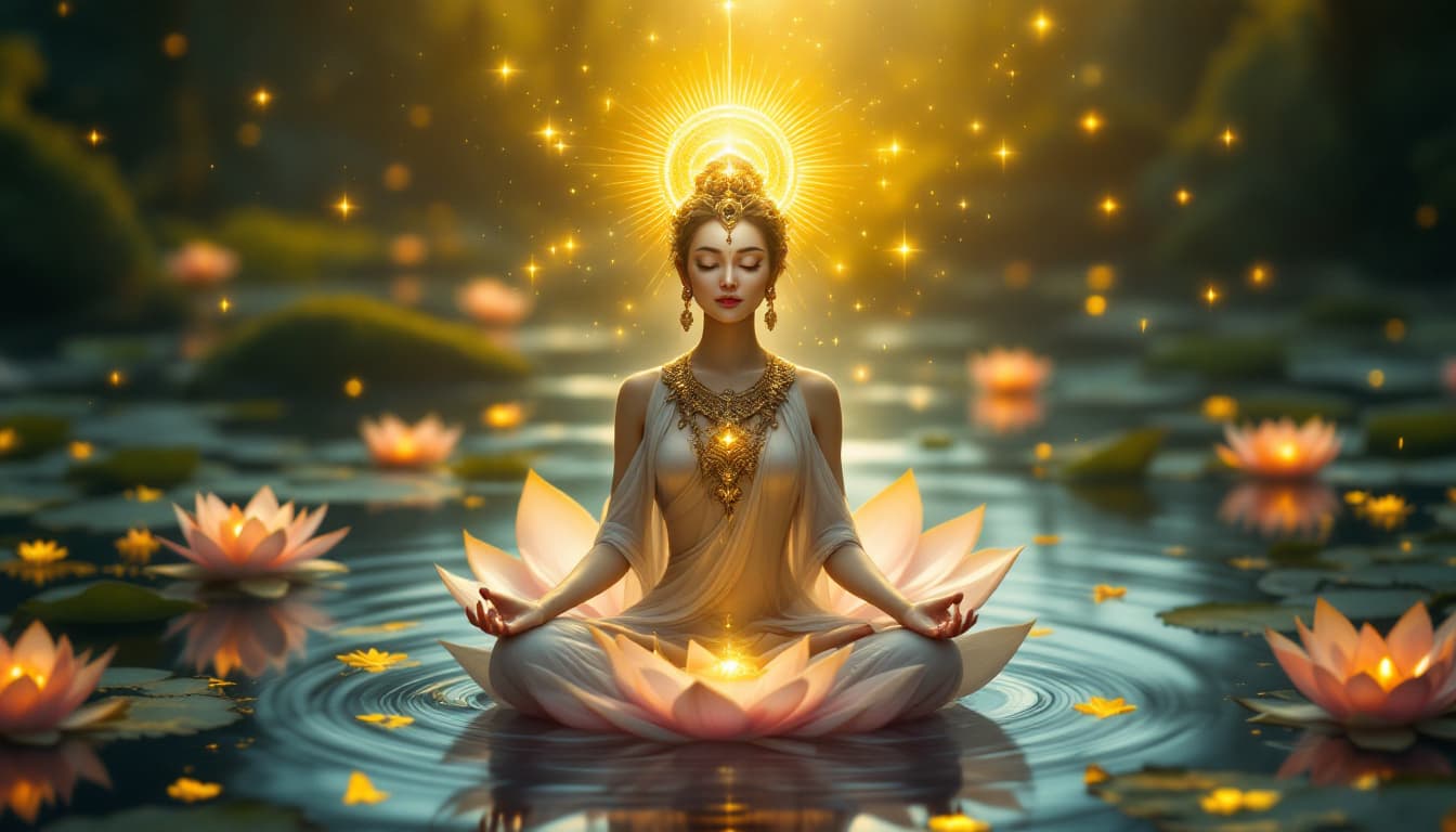 AI generated: sakti godeses beautiful in lotus flower in ocean
 in zen meditation in forest ,serenity,surrounded b...