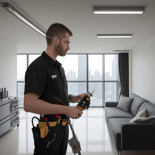 AI generated: a maintenance technician in a large, modern apartment building. The task is to perform routine check...