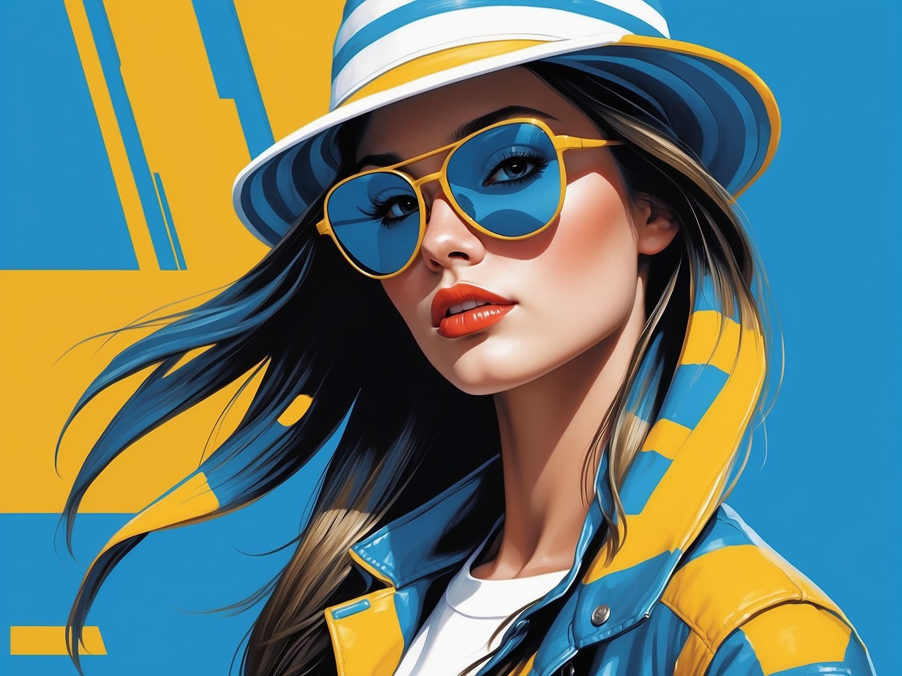 AI generated: a painting of a woman wearing sunglasses and a hat, a pop art painting by Jan Tengnagel, behance con...
