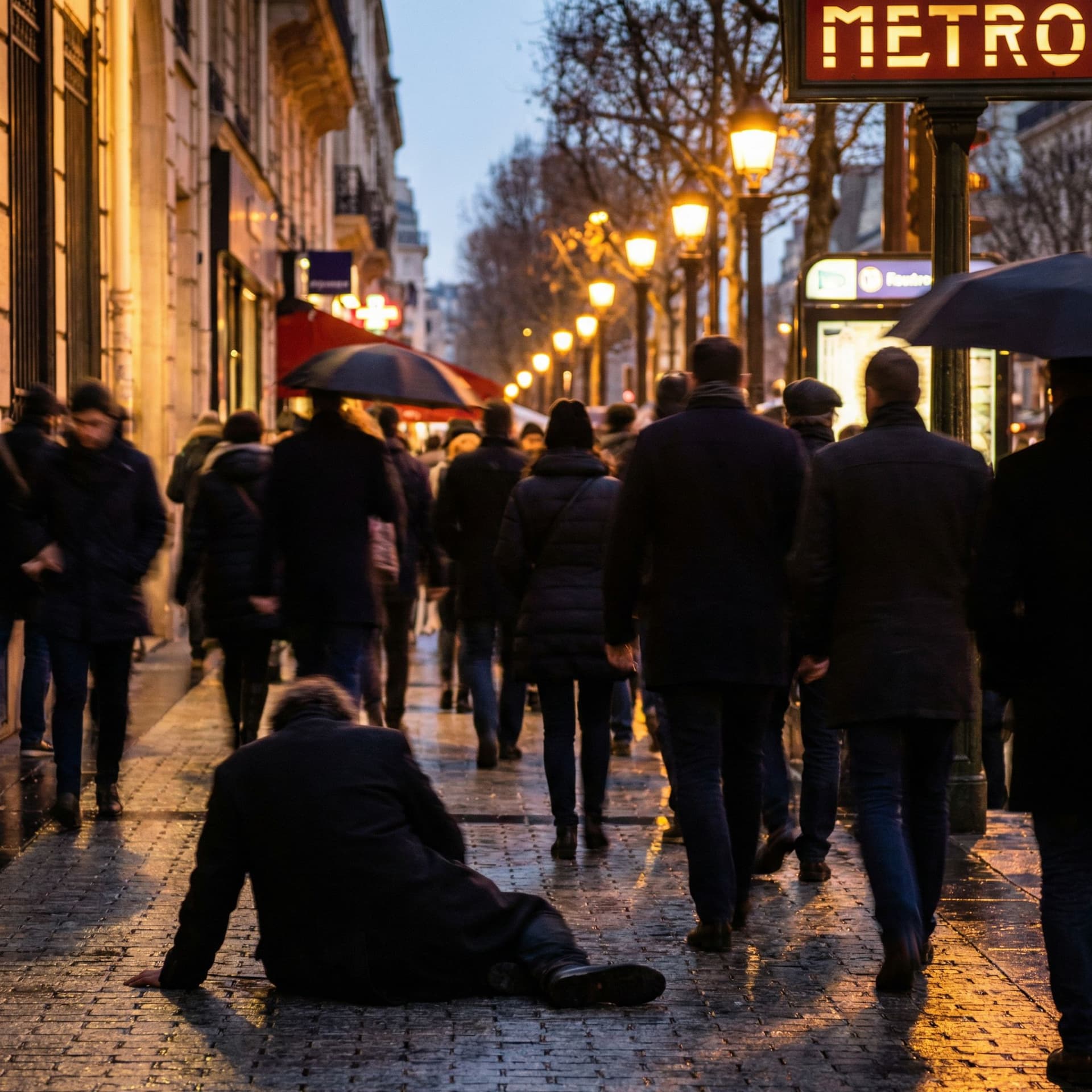 AI generated: Crowd of faceless people ignoring a person falling on street, cinematic lighting, dramatic, photorea...