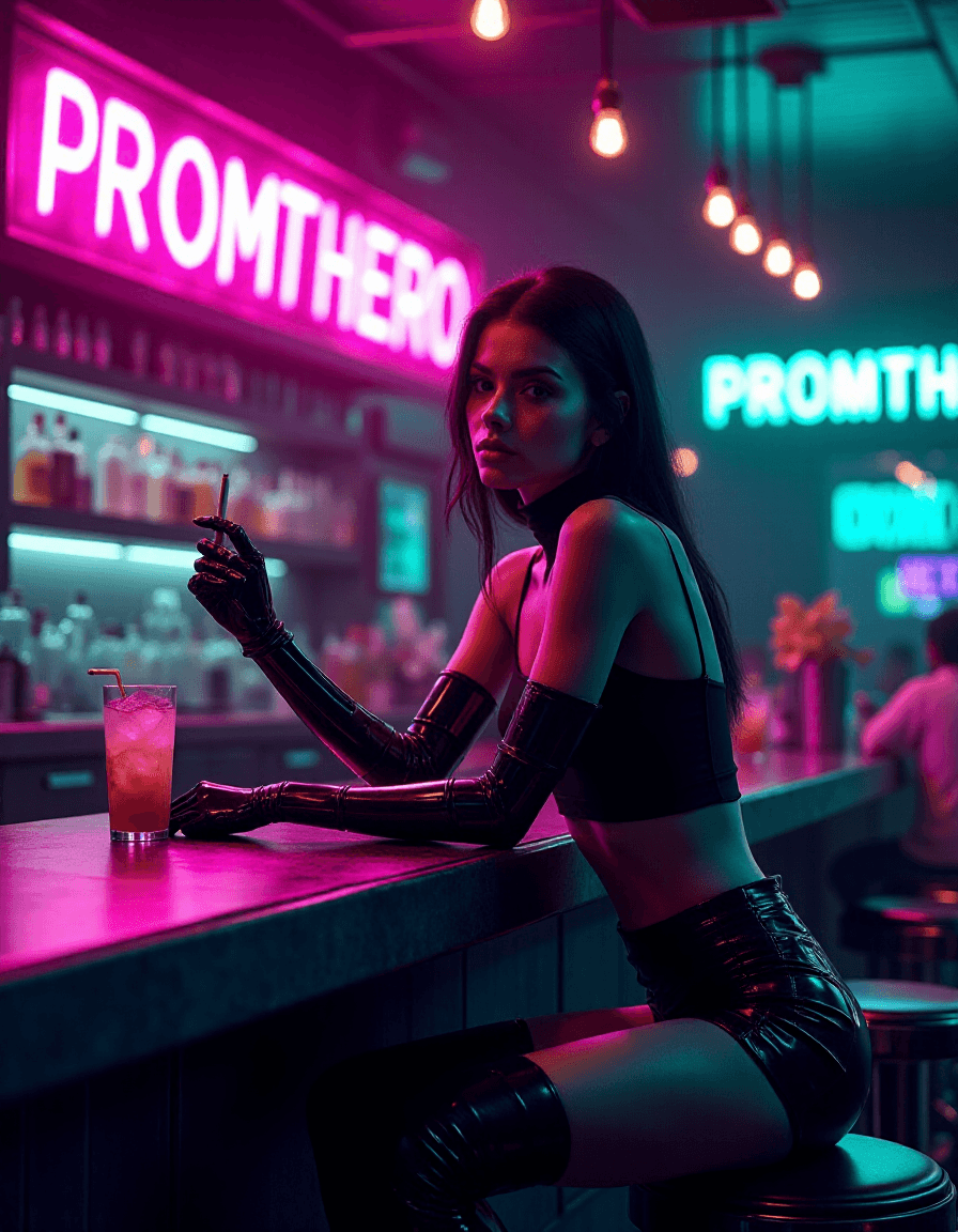 AI generated: woman sitting at the counter of a futuristic cyberpunk bar wearing futuristic clothing and cyberneti...