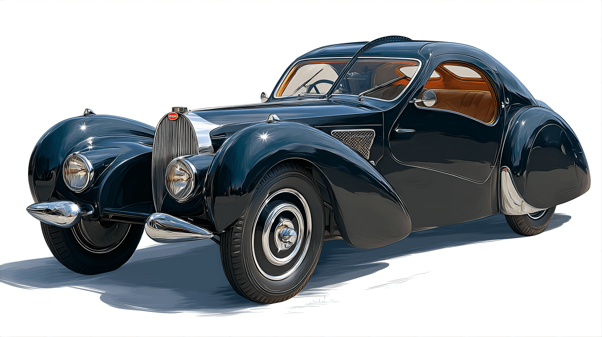 AI generated: classic 1938 Bugatti Type 57SC Atlantic, illustrated in a detailed clipart style, showcasing
its sw...