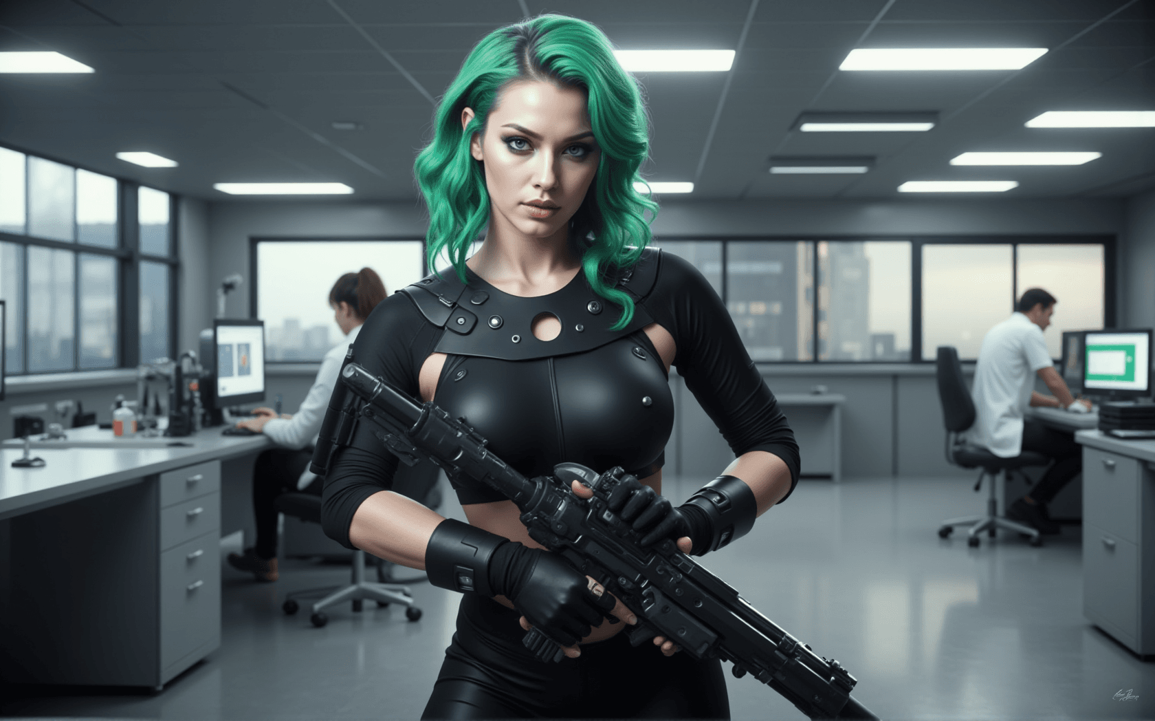 AI generated: The model in the foreground of the image is a digitally rendered character with several distinctive ...