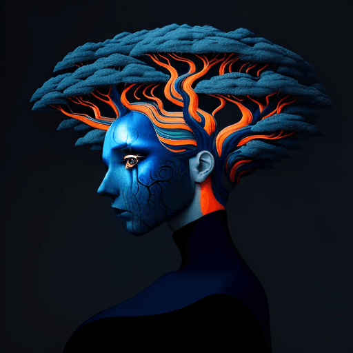 AI generated: a design of a woman's head with tree on her head, in the style of surreal city scenes, dark blue and...