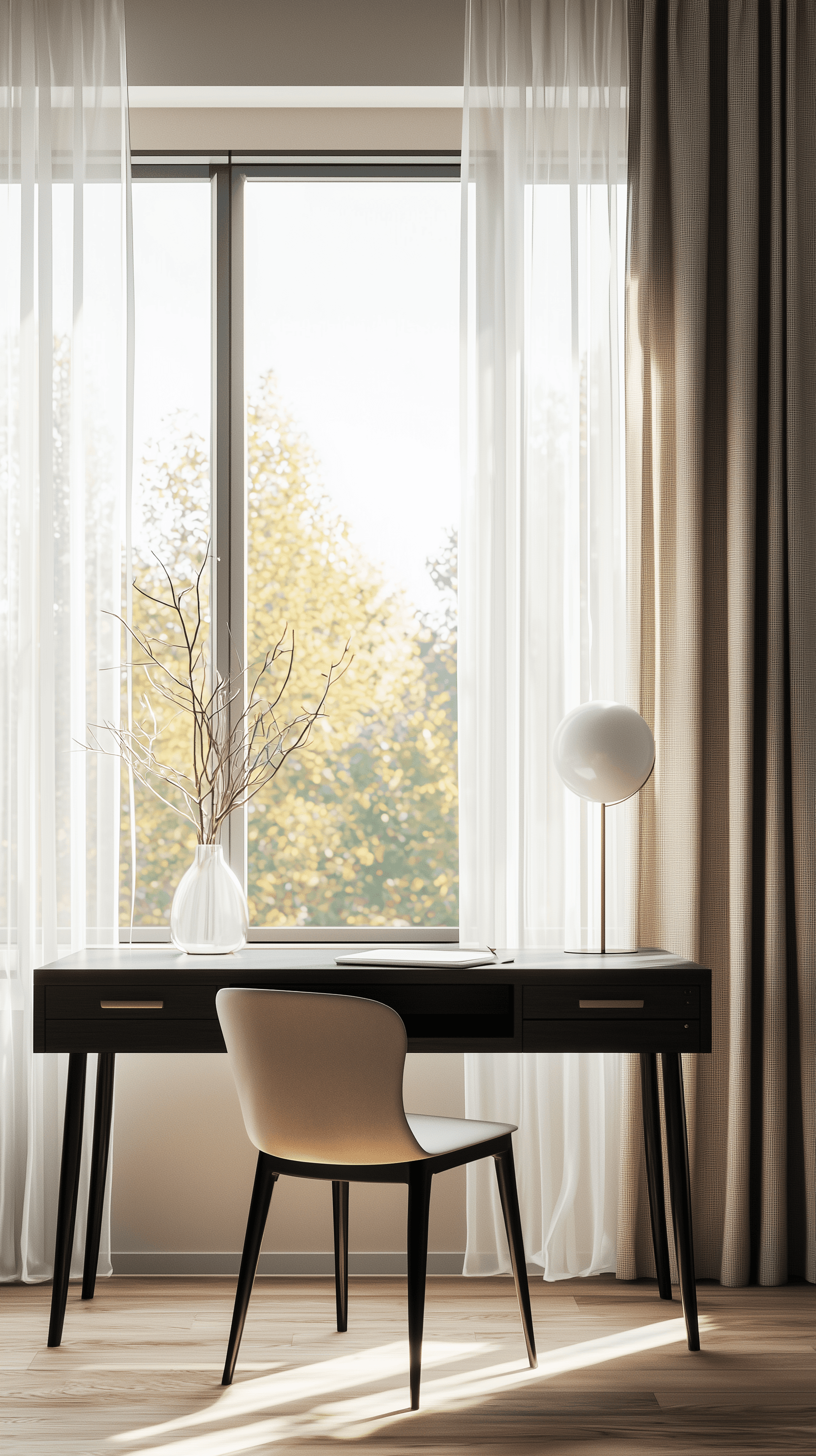 AI generated: photography, front composition, minimalist home office setup, large window with sheer beige curtains...