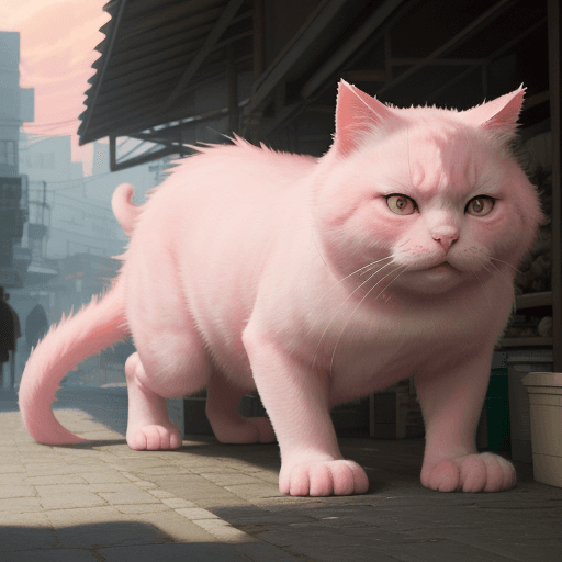 AI generated: The big fat pink cat sneaked quietly in the market, and his pink body nimbly stole a bag of fresh fi...