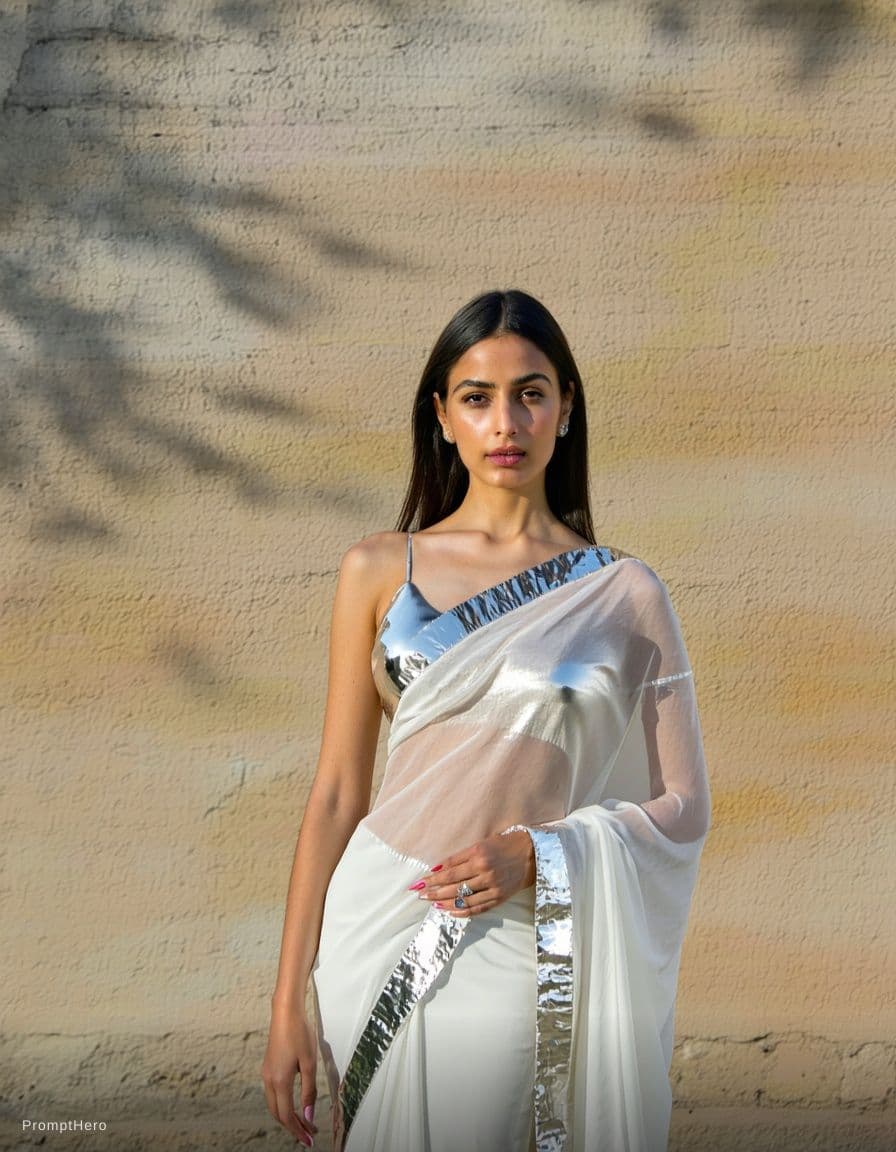 AI generated: modern sexy glossy mirror saree,wearing saree saree saree model.glossy mirror saree Navel,sleeveless...