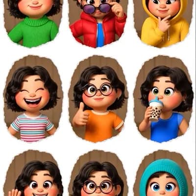 AI generated video: 3D Pixar-style expression sheet, cute stylized avatar with wavy dark hair and round glasses, 3x3 gri...