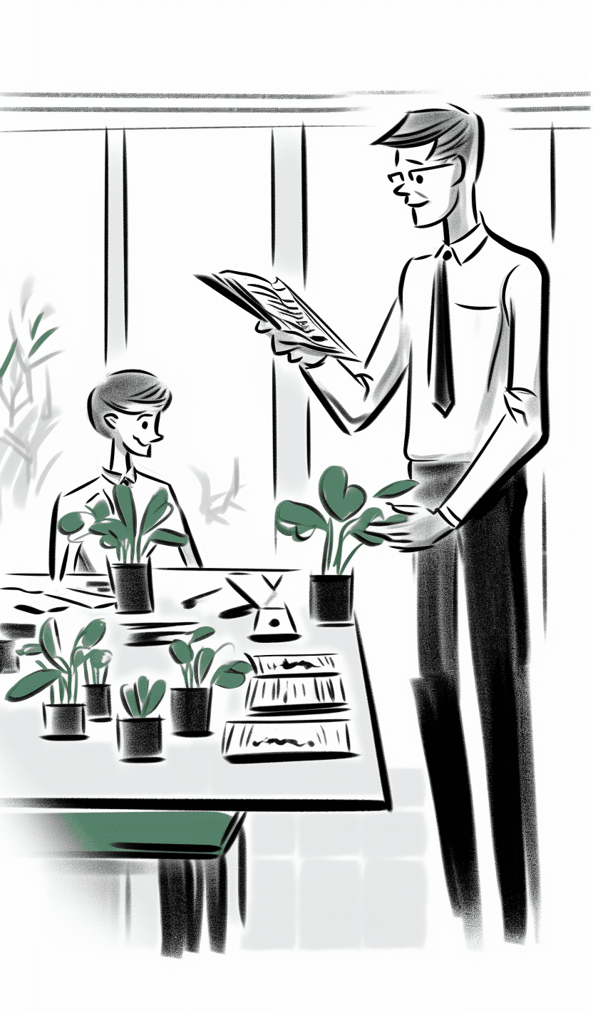 AI generated: 2 people si:ng in an office, on either side of a desk. One in a suit with a laptop and official docu...