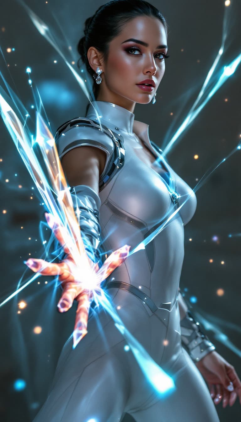 AI generated: A dynamic, three-quarter portrait of a woman wielding a set of glowing, crystal chakrams that cut th...