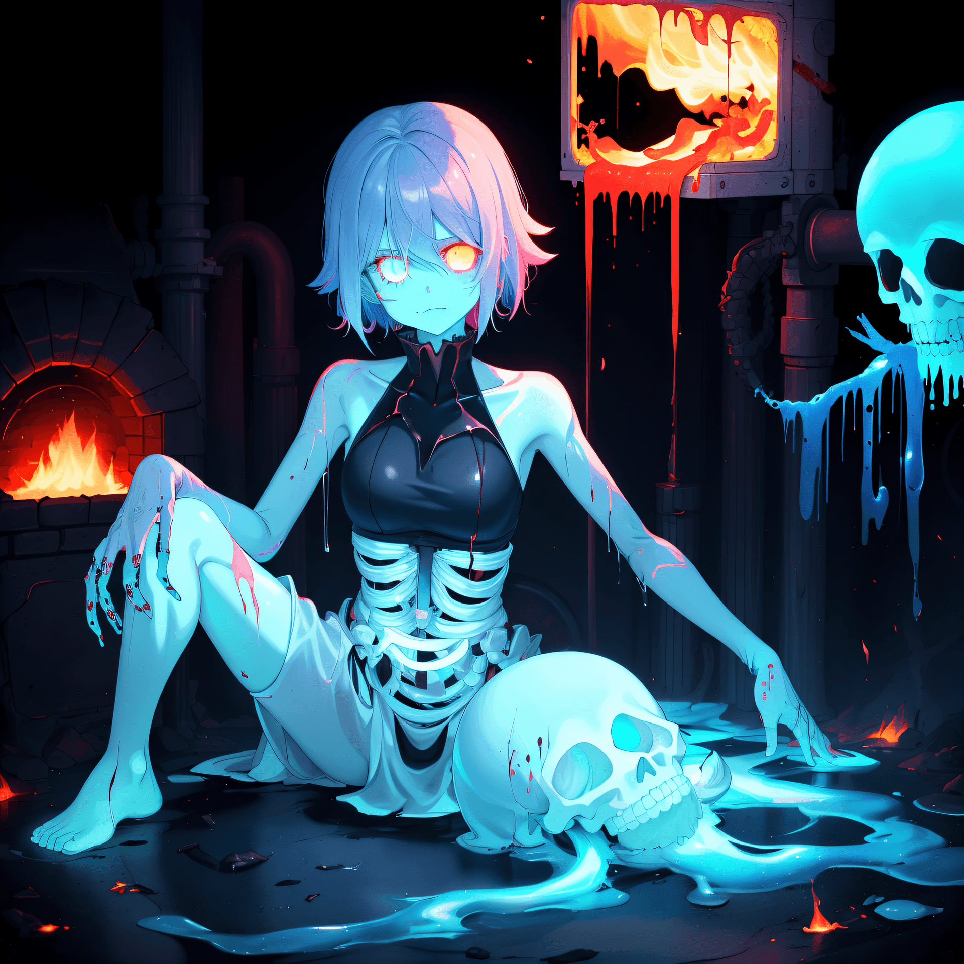 AI generated: ecto ,1girl, fire, Blood_Skelter,pink blood, glowing eyes,