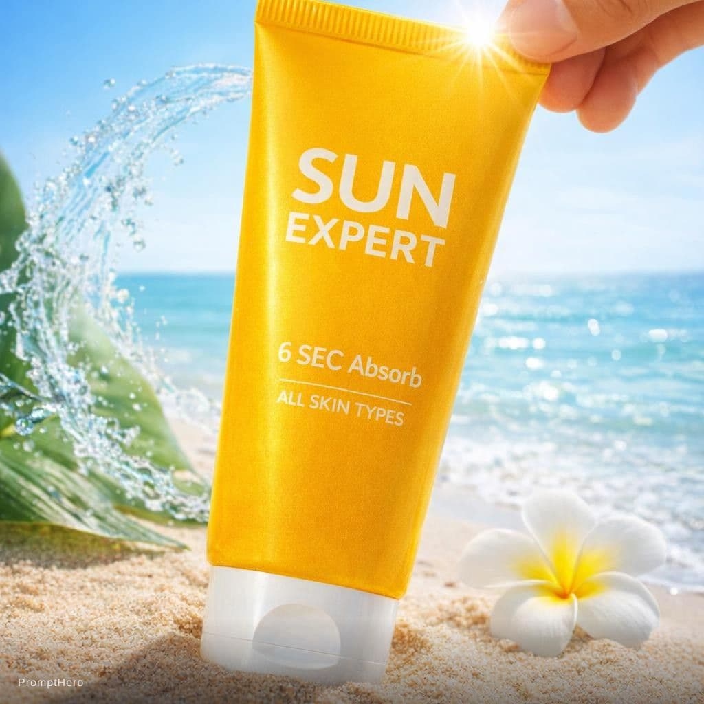 AI generated: {
  "scene": "Product Photography - Sunscreen on Beach",
  "subject": {
    "type": "sunscreen tu...
