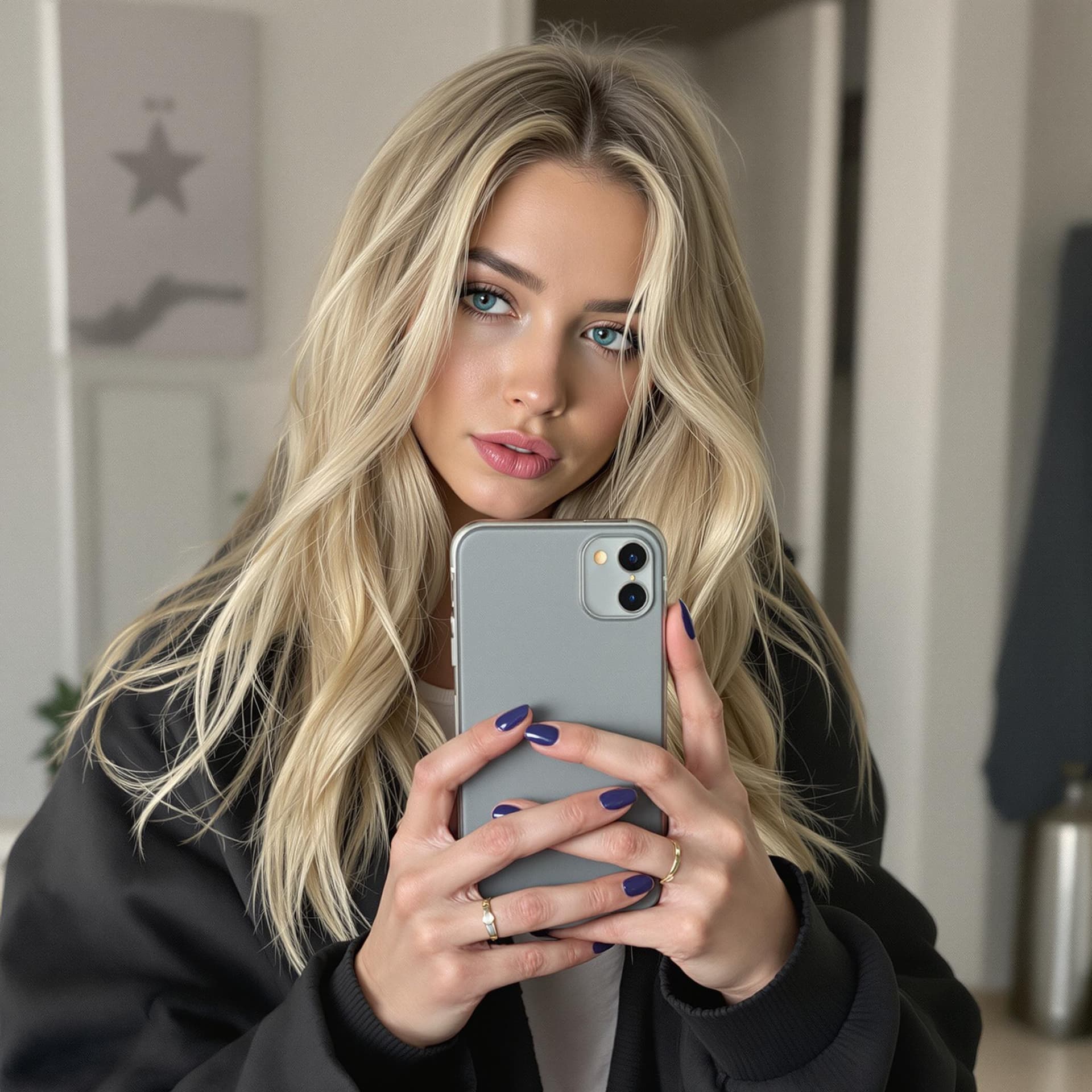 AI generated: really white skin blonde with skinny hot face selfie with a phone her phone can seen