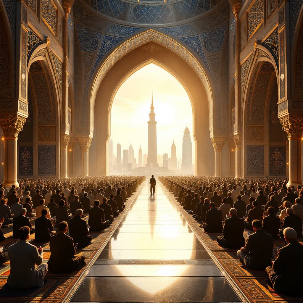 AI generated: Muslims are standing in perfectly aligned rows within an awe-inspiring mosque, each person holding a...