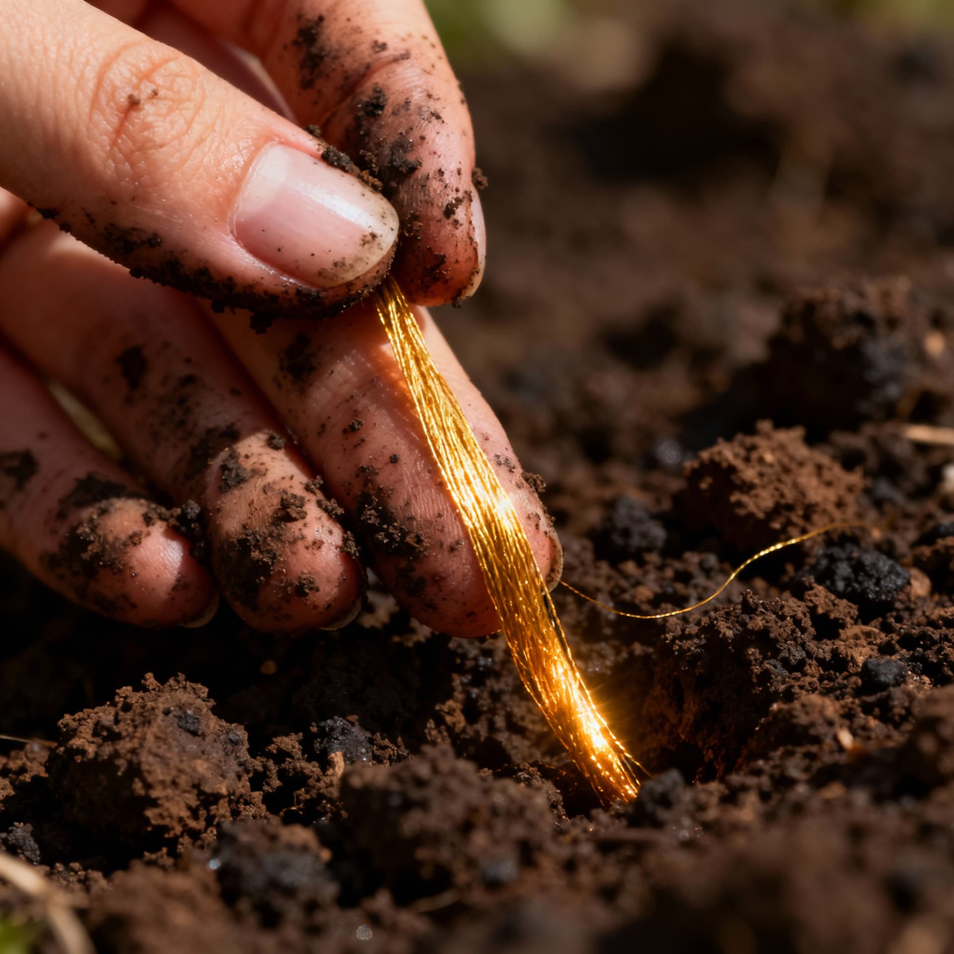 AI generated: A close-up on a human womans hand, caked in dark, rich soil. From between the fingers, a single, imp...
