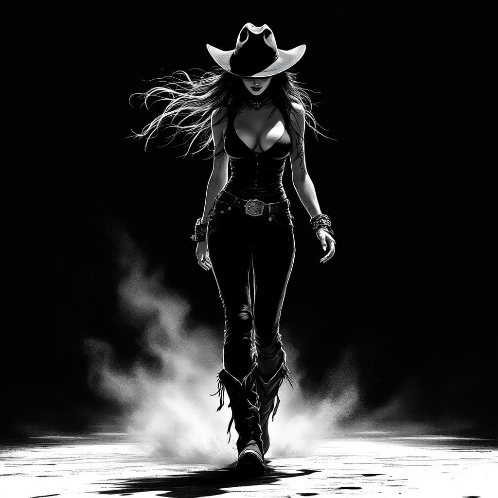 AI generated: A digital drawing of an urban cowgirl, full body, walking on the street, wearing cowboy boots and ha...