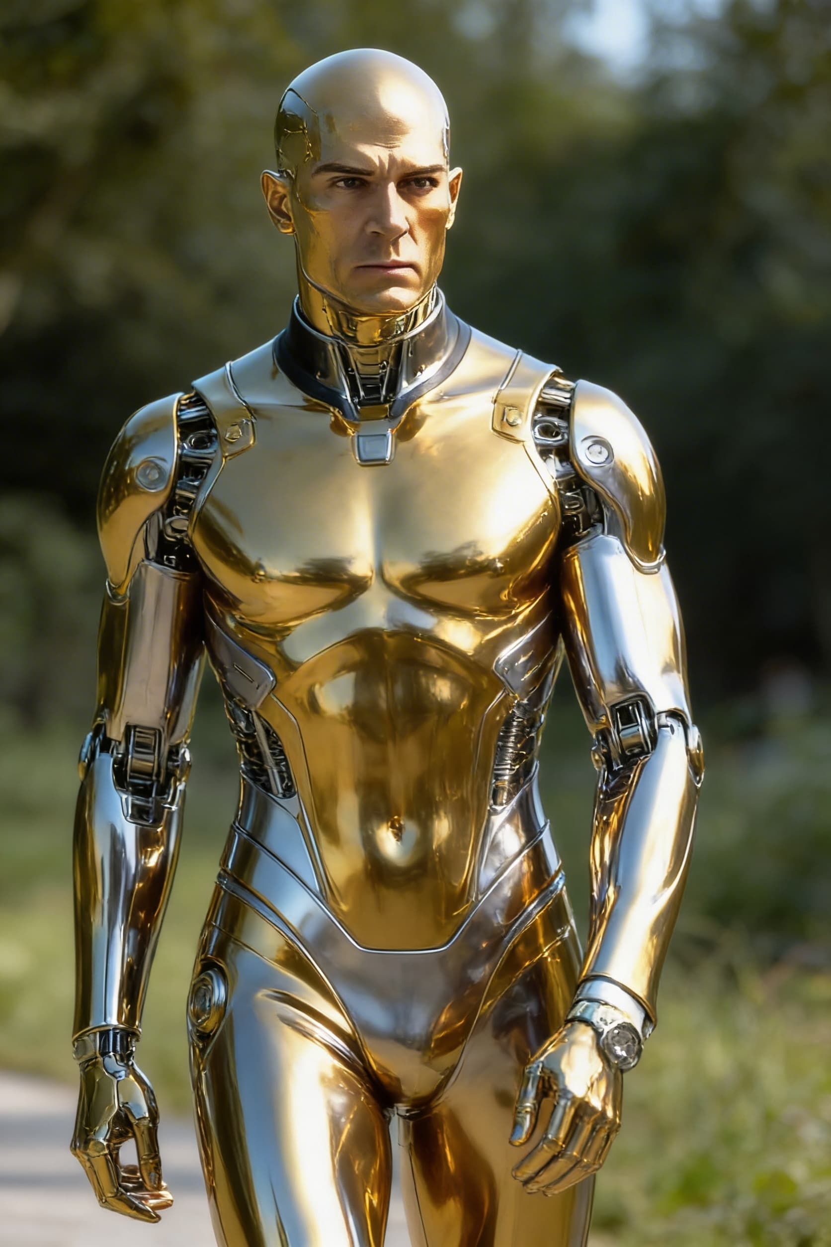 AI generated: Create from the reference image, a solid golden-silver being, powerful, loving. From flesh to sleek ...