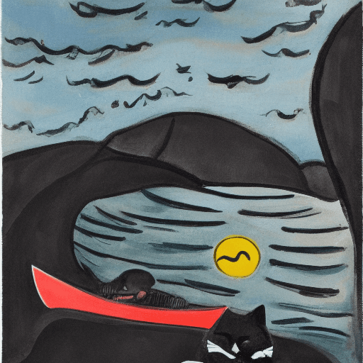 AI generated: Tove Jansson style : : storm, rocks, night,
one black cat in a kayak : : --hd