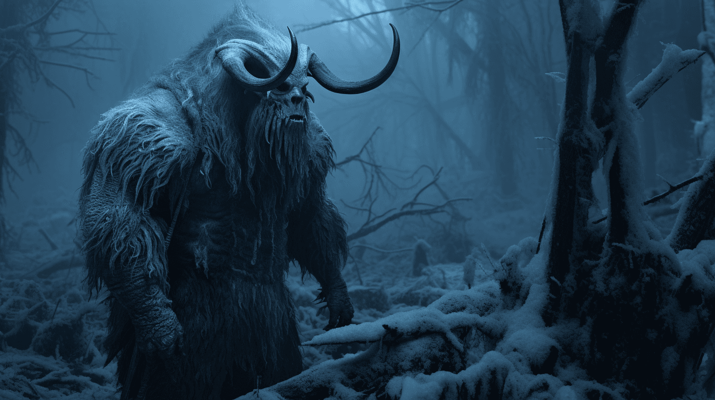 AI generated: scary horned ogre, 20 meter tall, full body, blue eyes, frozen taiga forest with blue mushrooms on t...
