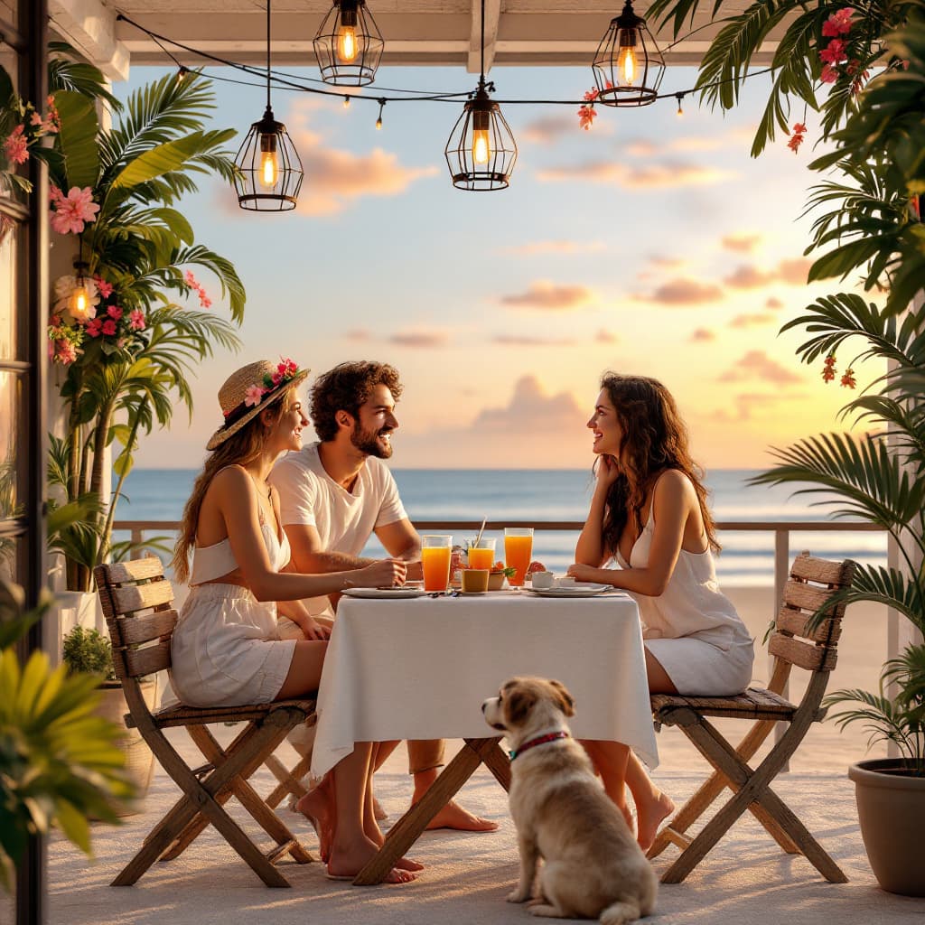 AI generated: Create a scene involving three friends at a beachside café. They are chatting animatedly, dressed in...