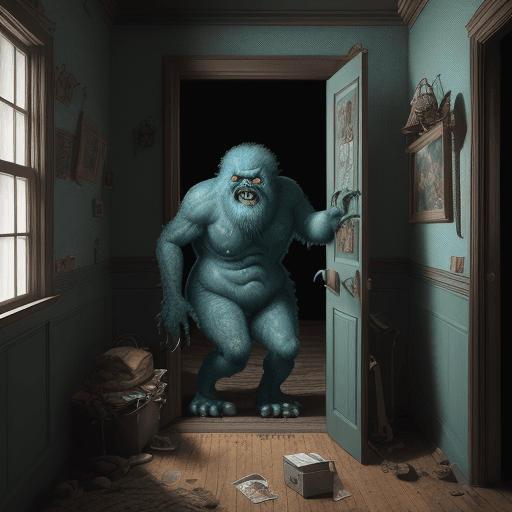 AI generated:  a monster appears to be coming out of someone's room, in the style of realistic hyper-detailed rend...