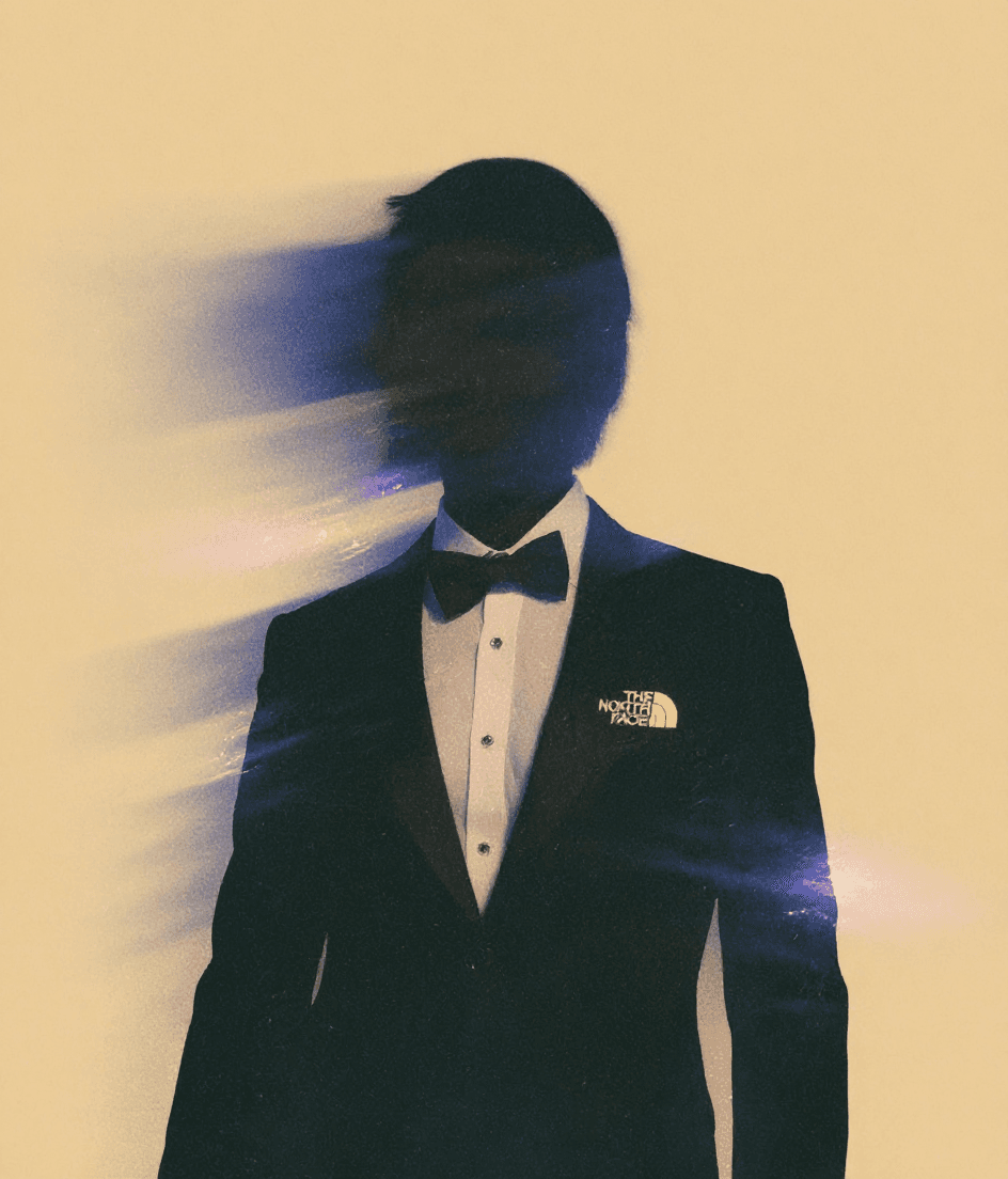 AI generated: A surreal, low-angle portrait of a person dressed in black-tie eveningwear (tuxedo or elegant black ...