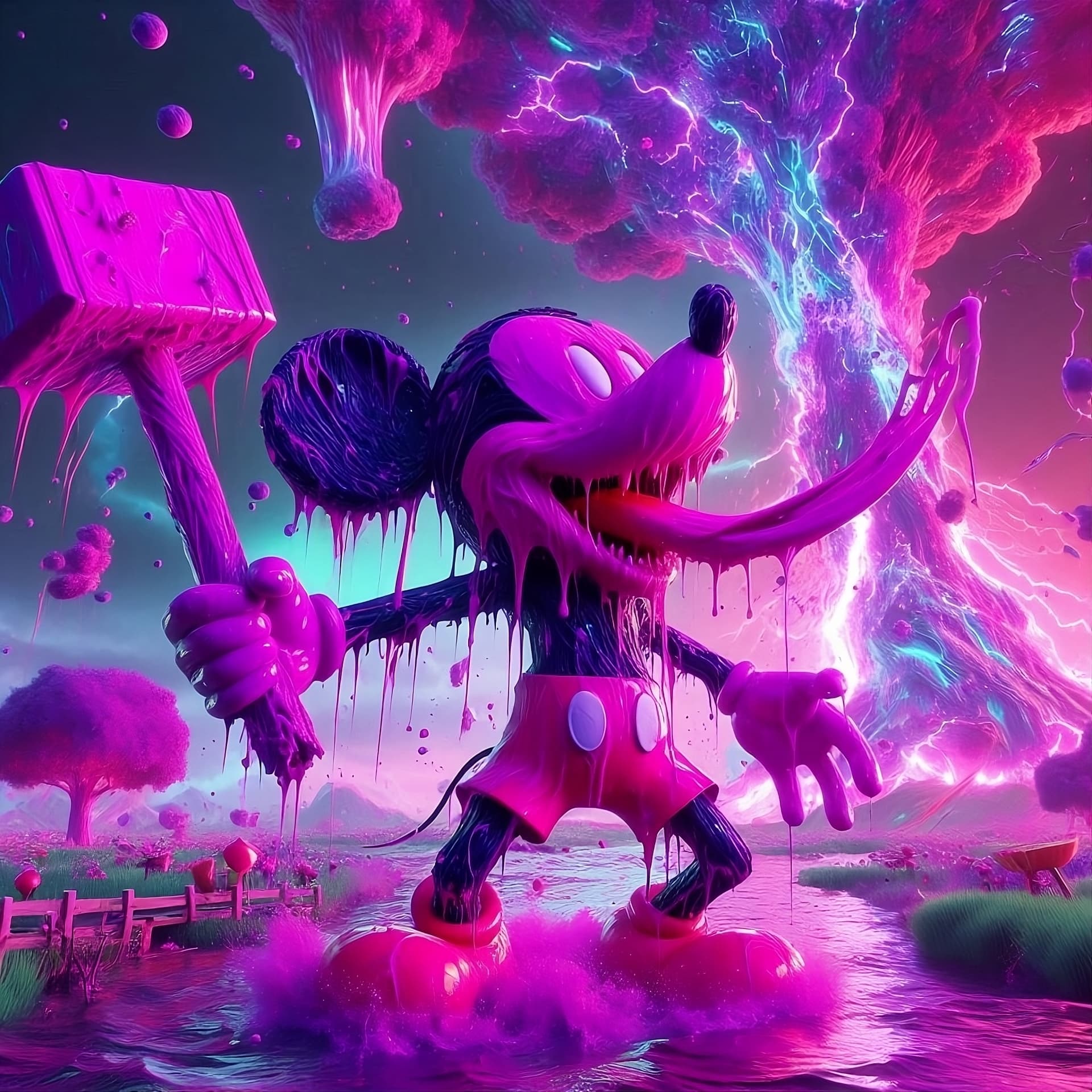 AI generated: "A high-quality, sharp 3D render of Mickey Mouse transformed into a neon purple, viscous pink slime,...