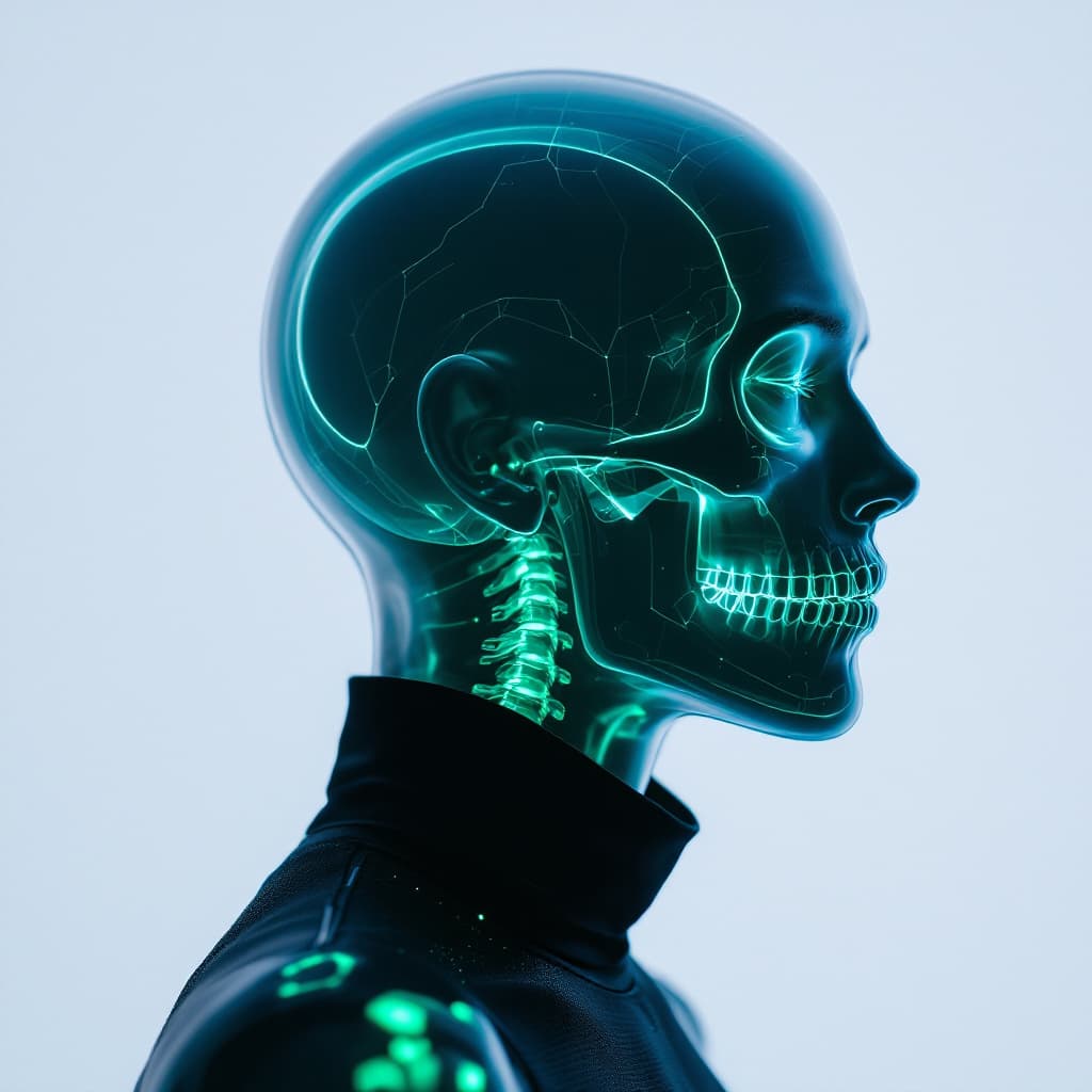 AI generated: ethereal portrait of a man, transparent skin revealing her skull, glowing with a neon-green bio-lumi...
