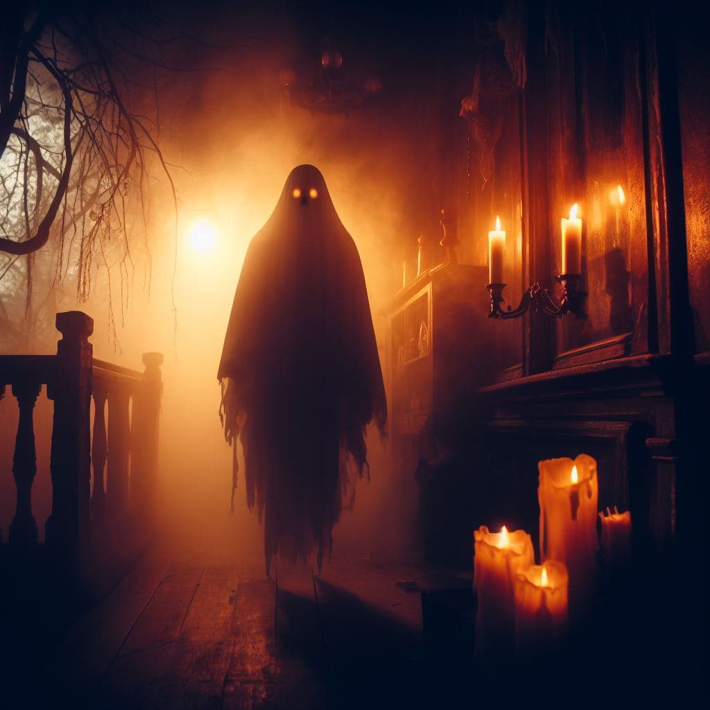 AI generated: spooky ghost in a haunted House,candles,dramatic light,,misty,night,creepy