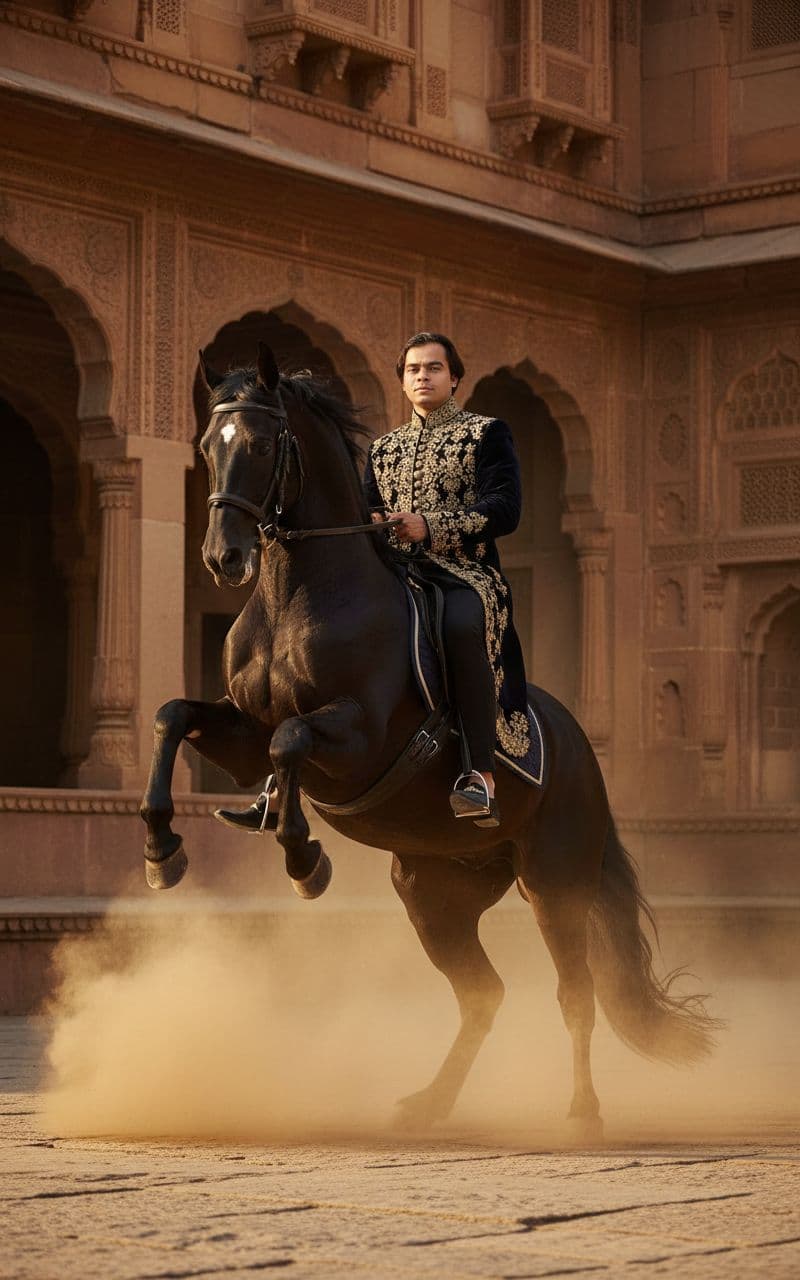 AI generated: Hyper realistic Shot in a dramatic royal courtyard, the black horse rears against ancient sandstone ...
